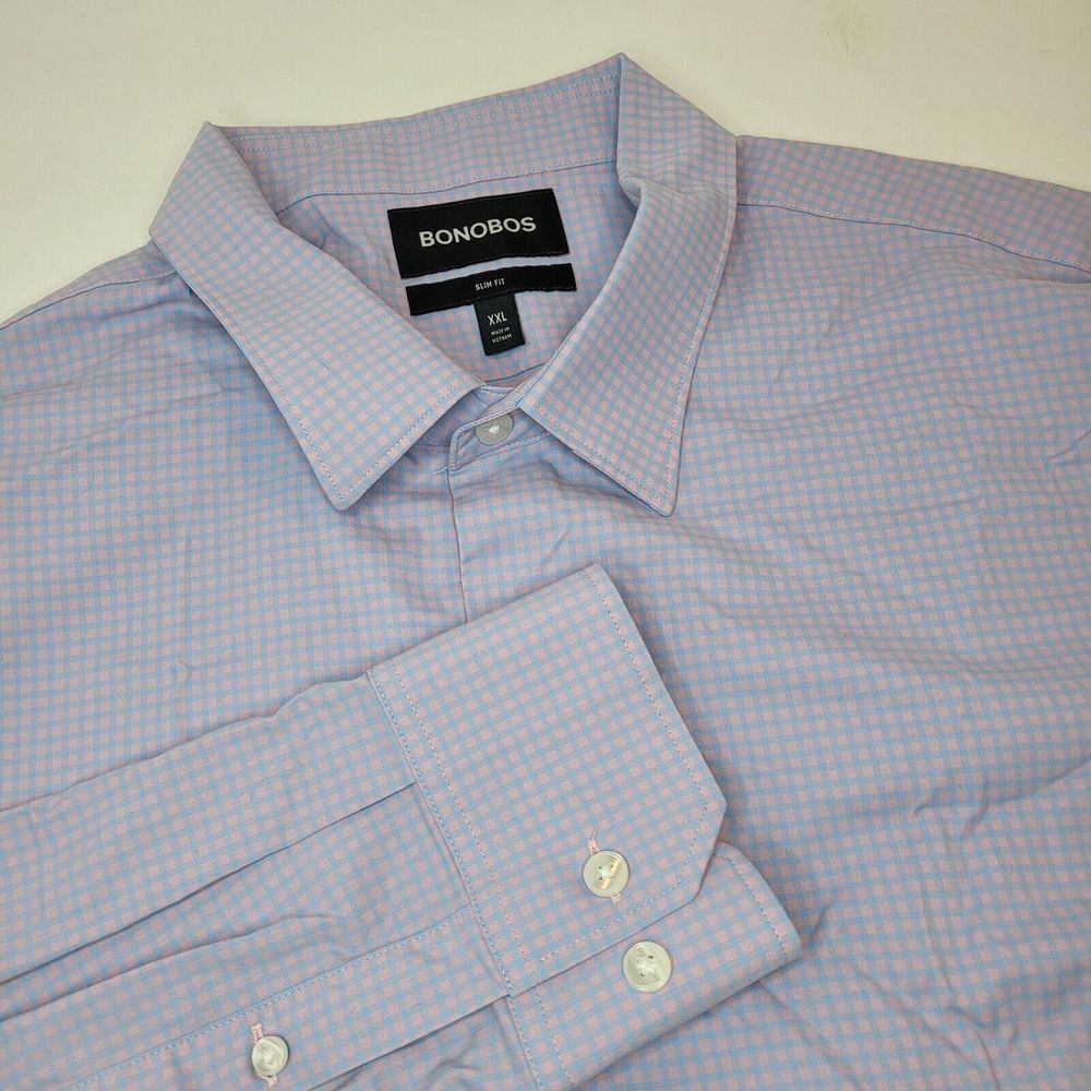 Bonobos Button Down Shirt Mens XXL Pink Blue Slim Fit Micro Check Stretch